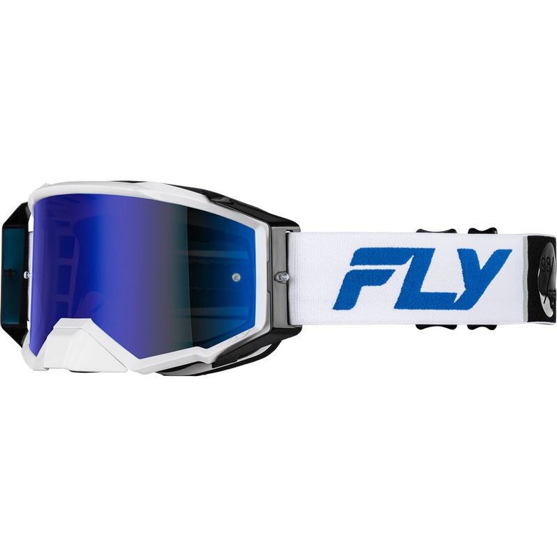 FLY RACING 2025 ZONE PRO GOGGLE WHITE/BLUE – DARK BLUE MIRROR/SMOKE LENS