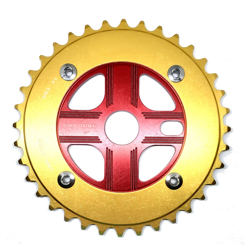 BMXGuru 36T Aluminum Spider & 4-bolt Chainring Combo – Gold over Red – USA Made
