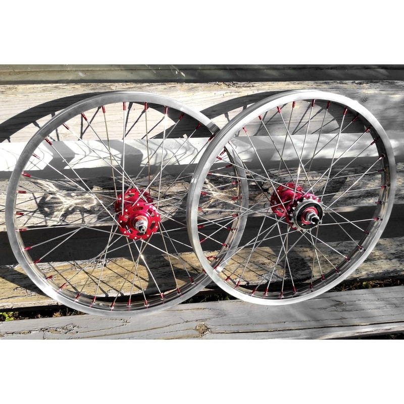 20″ 7X style Sealed Road Flange BMX Wheelset w/ 16t Freewheel – Pair – Polished / Red