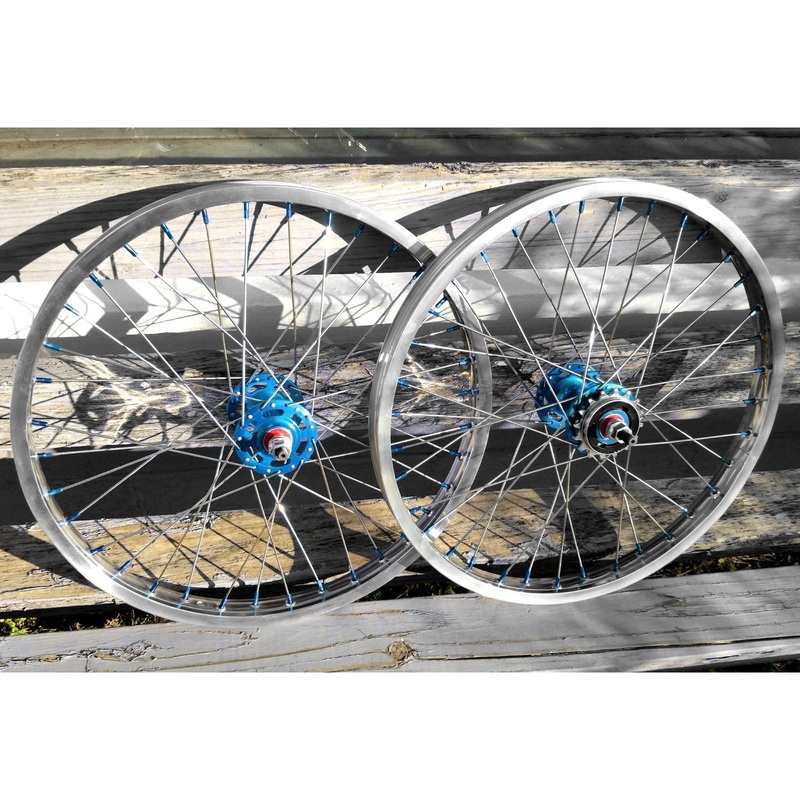 20″ 7X style Sealed Road Flange BMX Wheelset w/ 16t Freewheel – Pair – Polished / Blue