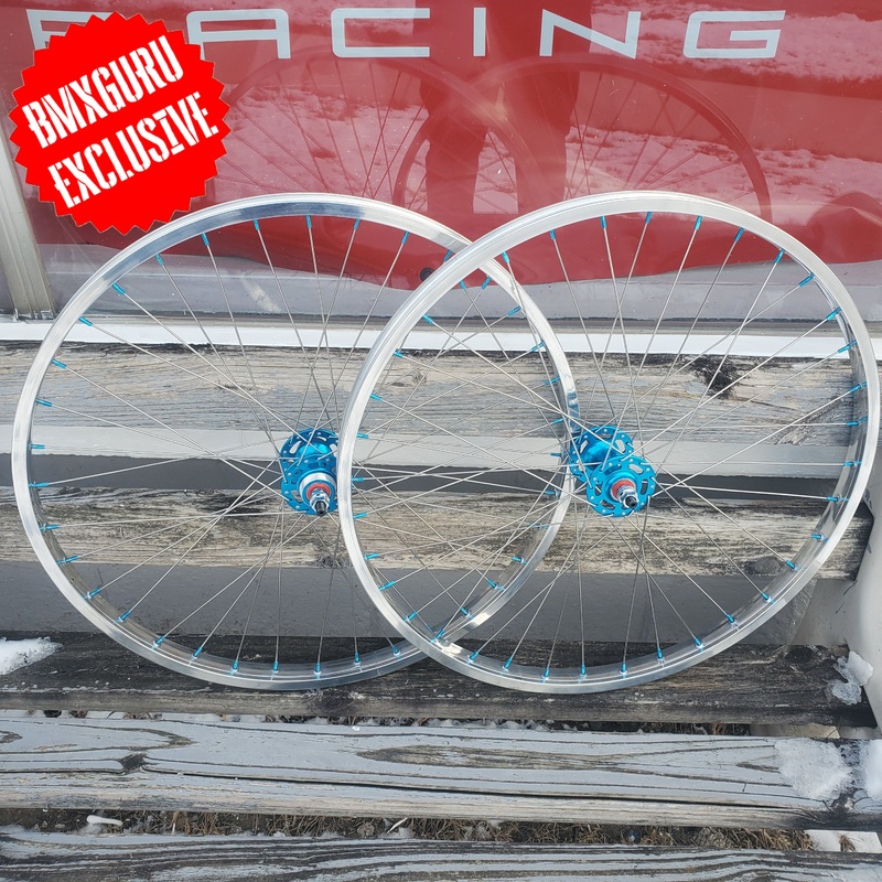 26″ 7X style Sealed Road Flange BMX Wheelset – Pair – Polished / Blue